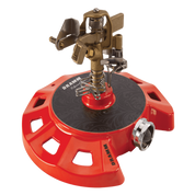 Dramm ColorStorm Impulse sprinkler: red metal base, brass head, for even circular watering.
