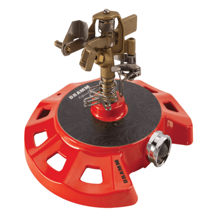 Dramm ColorStorm Impulse sprinkler: red metal base, brass head, for even circular watering.
