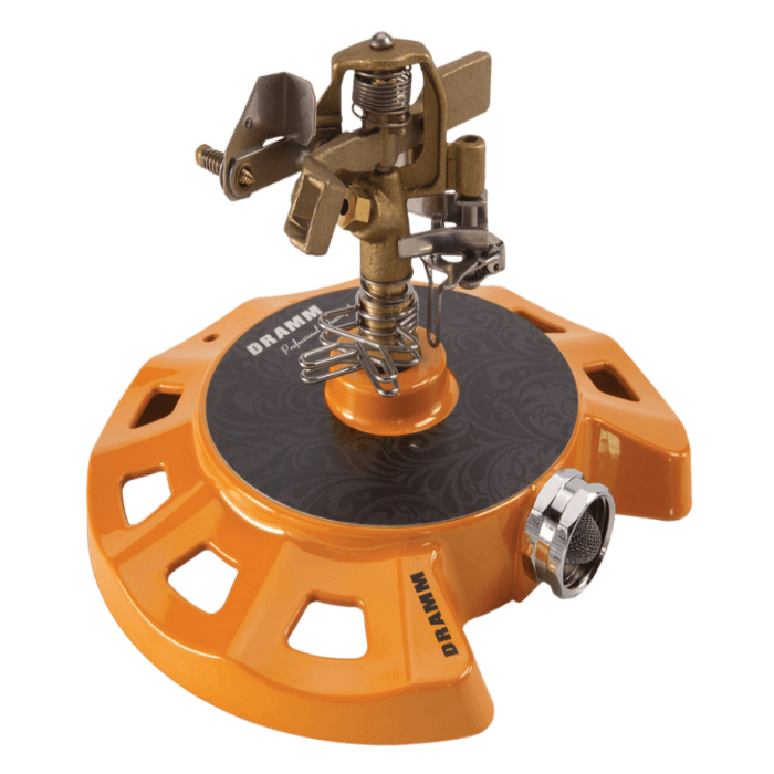 Orange circular sprinkler with brass nozzle and adjustable spray pattern.

