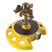Yellow circular sprinkler with brass accents, designed for even water distribution.
