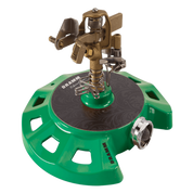 Green metal circular sprinkler with brass nozzle, designed for efficient lawn watering.
