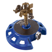Blue metal circular sprinkler with brass top; garden irrigation.
