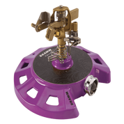 Purple circular sprinkler with brass accents; water efficient design.
