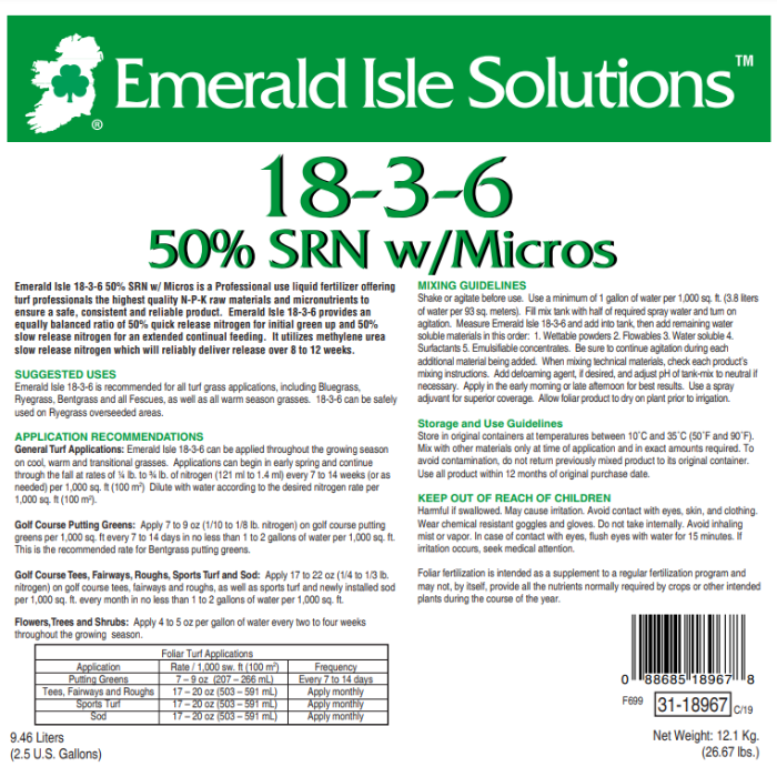 Liquid fertilizer label; 18-3-6 blend with micros, 50% slow release nitrogen.
