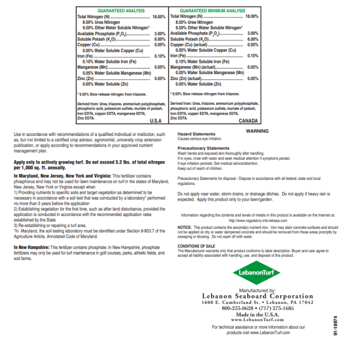 Fertilizer label detailing guaranteed analysis, including slow-release nitrogen, and application instructions for healthy turf.
