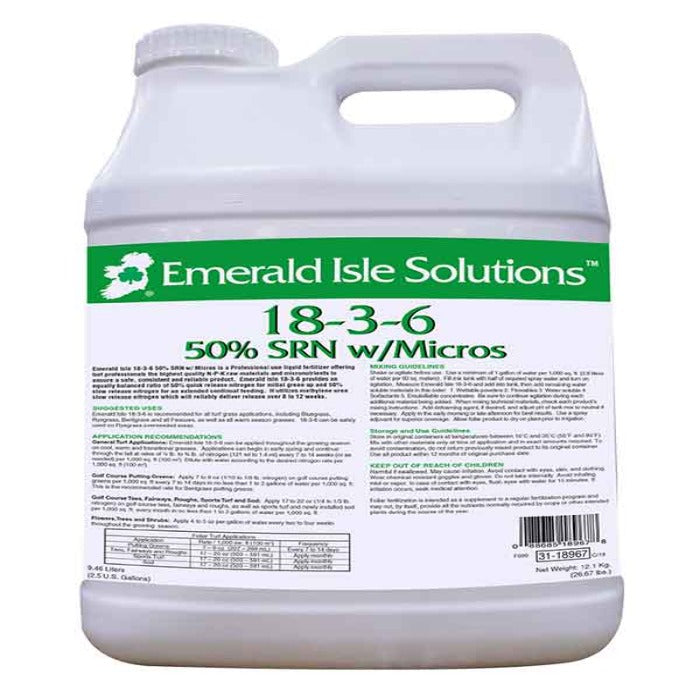 Emerald Isle Solutions 18-3-6 50% SRN w/Micros liquid fertilizer: 9.46 liters, for lawns, golf courses & more.
