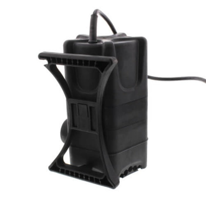 Out of Pond Pump 2500GPH: Powerful black submersible pump with integrated stand for ponds.
