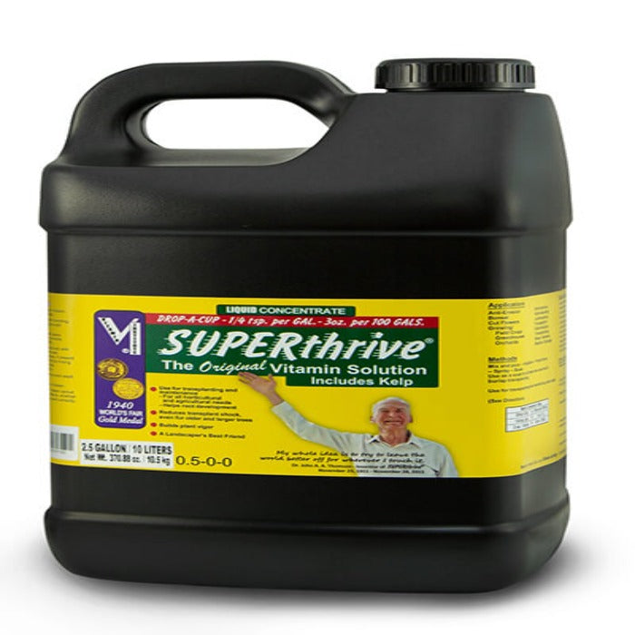2.5-gallon jug of liquid plant nutrient concentrate, featuring kelp & application instructions.
