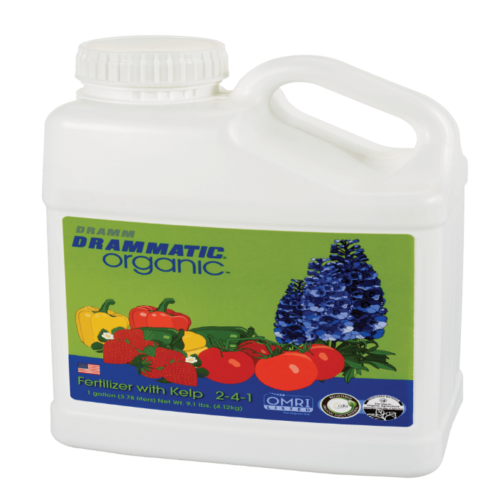Dramm Dramatic Organic Fertilizer with Kelp 2-4-1: 1-gallon bottle, OMRI Listed, for vibrant fruits & flowers.
