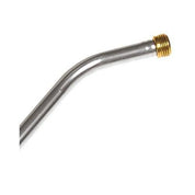 Aluminum watering can extension with brass fitting, close-up view.
