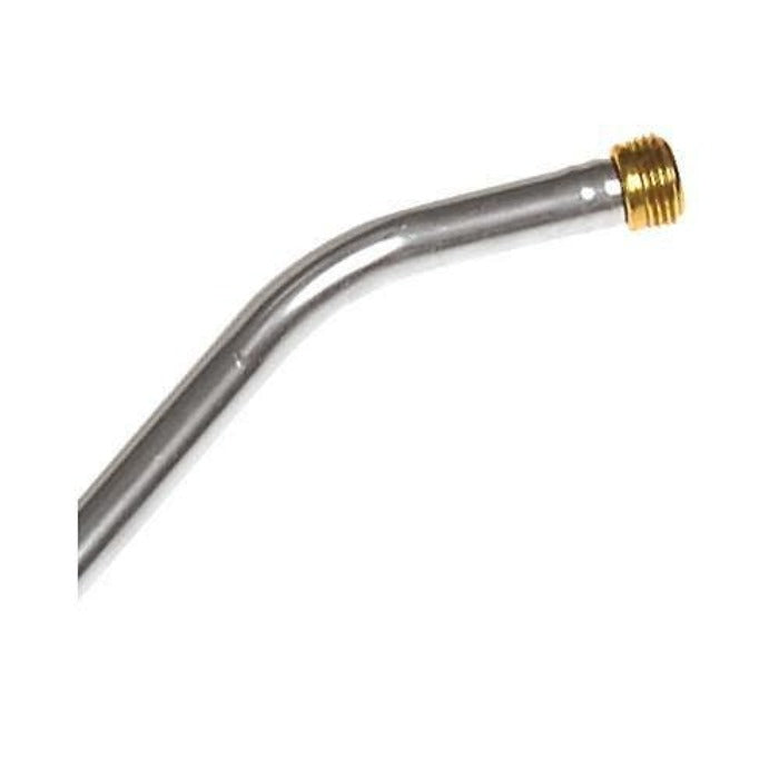 Aluminum watering wand with brass fitting, close-up view.
