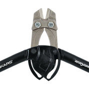 Close-up of bolt cutters with gray cutting blades and black handles, showcasing the tool's mechanism.
