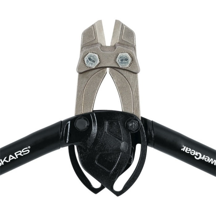 Close-up of bolt cutters with gray cutting blades and black handles, showcasing the tool's mechanism.
