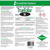 TrueFoliar Si 3-0-10 fertilizer label; application, mixing, and safety details included.
