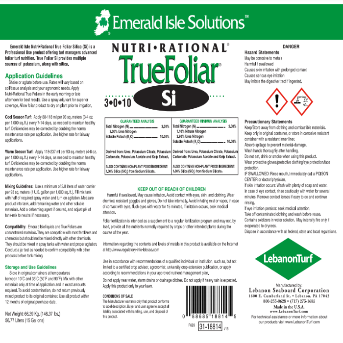 TrueFoliar Si 3-0-10 fertilizer label; application, mixing, and safety details included.
