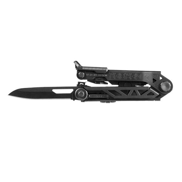 Black multi-tool with knife blade, shown open against a white background.
