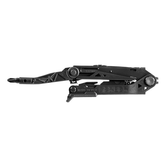 Black multi-tool with extended screwdriver, showcasing various implements.
