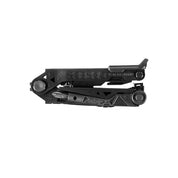 Black multi-tool with partially opened components, showcasing various implements.
