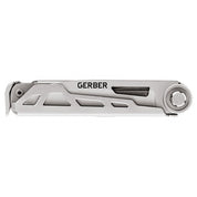 Silver multi-tool with a compact design, showcasing various implements.
