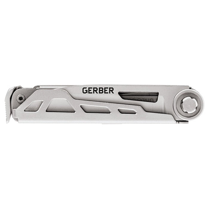 Silver multi-tool with a compact design, showcasing various implements.
