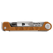 Compact multi-tool with textured brown handle and silver metal components.
