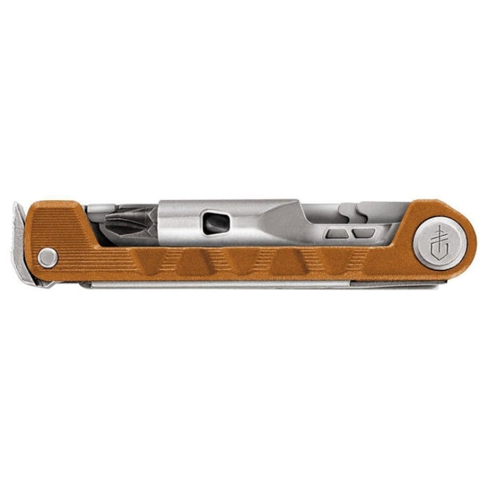 Compact multi-tool with textured brown handle and silver metal components.

