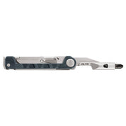 Compact multi-tool with knife blade and integrated screwdriver, featuring a dark gray handle.
