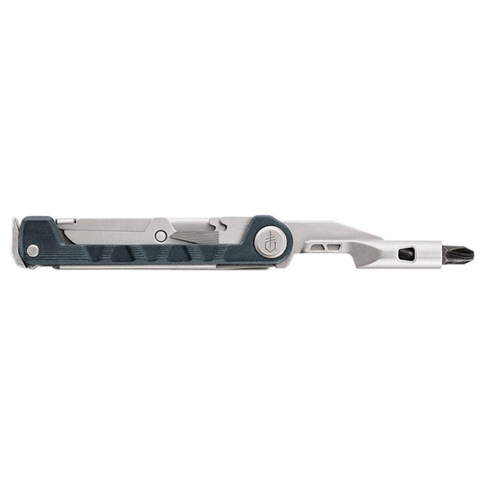 Compact multi-tool with knife blade and integrated screwdriver, featuring a dark gray handle.
