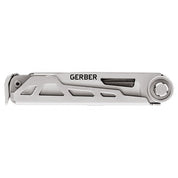 Silver multi-tool with integrated tools, showing a partially open design.

