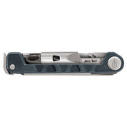 Compact multi-tool with dark gray handle and silver metallic accents.
