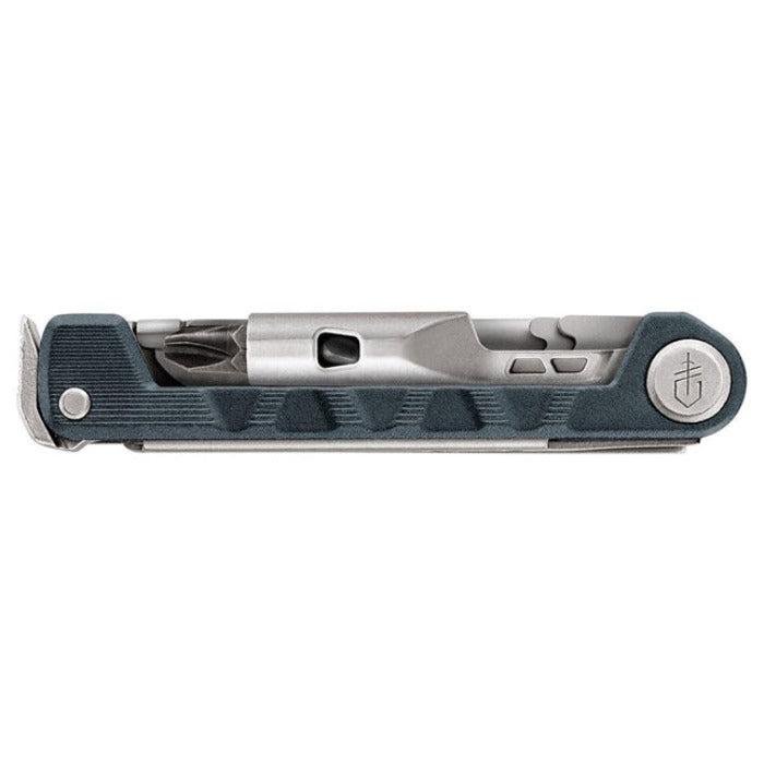 Compact multi-tool with dark gray handle and silver metallic accents.
