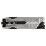 Silver multi-tool with textured grip and black accents.
