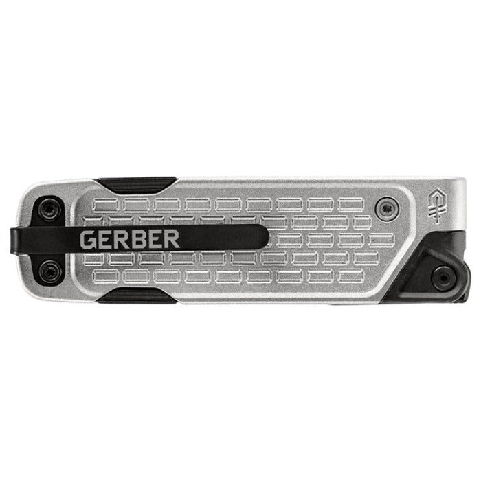 Silver multi-tool with textured grip and black accents.
