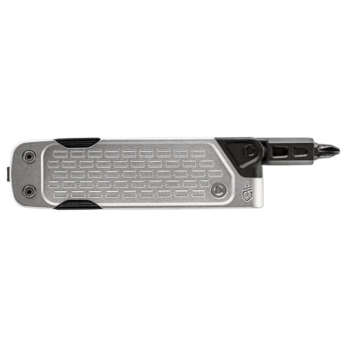 Silver multi-tool with textured grip and extending bit driver.
