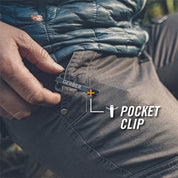 Gray pants pocket with a dark gray metal pocket clip attached.
