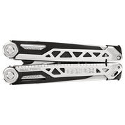 Black and silver multi-tool, open, showcasing its various components.
