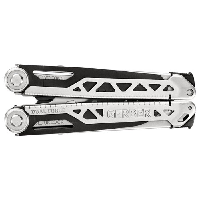 Black and silver multi-tool, open, showcasing its various components.
