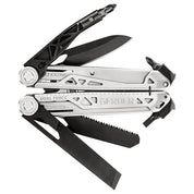 Multi-tool with saw, knife, and various implements, showcasing its versatility.
