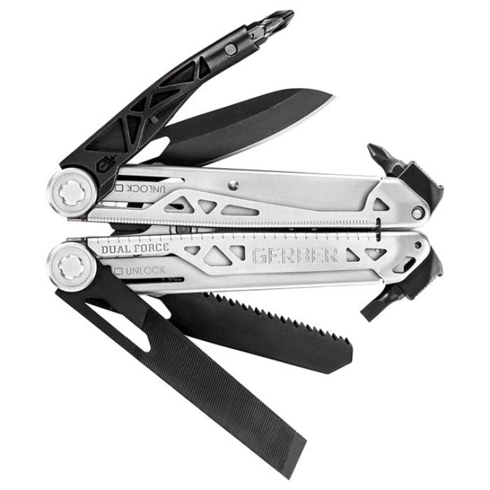 Multi-tool with saw, knife, and various implements, showcasing its versatility.

