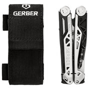 Black multi-tool with nylon sheath; convenient carrying case.

