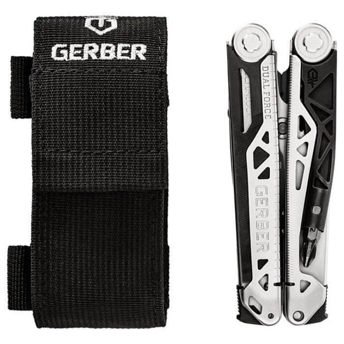 Black multi-tool with nylon sheath; convenient carrying case.
