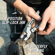 Close-up of hands using pliers with a slip-lock jaw, showcasing its butterfly opening mechanism.
