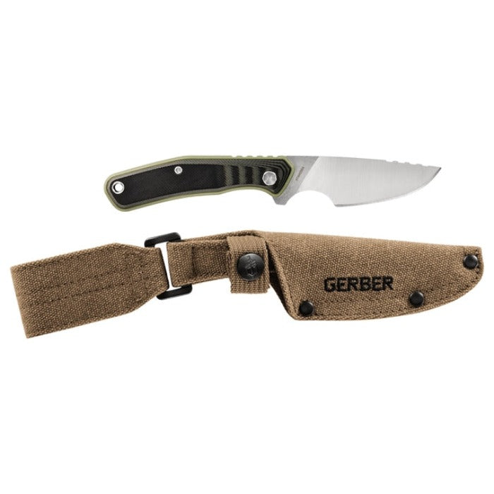 Fixed-blade knife with olive drab and black handle, shown with tan canvas sheath and belt loop.
