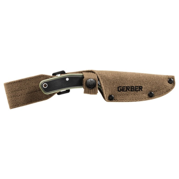 Fixed-blade knife in tan canvas sheath with belt loop.

