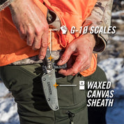Hunter's hands adjusting a small folding knife in a waxed canvas sheath.

