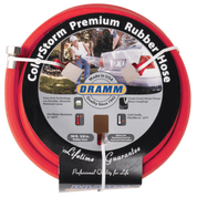 Dramm 50-foot ColorStorm Premium Rubber Hose: 5/8-inch red hose, crush-proof brass couplings, hot water resistant to 160°F, lifetime guarantee.
