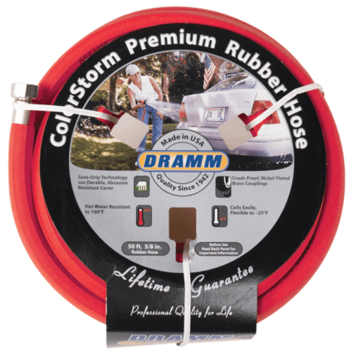 Dramm 50-foot ColorStorm Premium Rubber Hose: 5/8-inch red hose, crush-proof brass couplings, hot water resistant to 160°F, lifetime guarantee.
