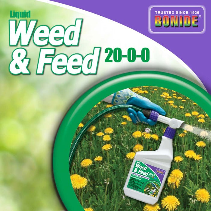 Liquid Weed & Feed 20-0-0 being sprayed on lawn with dandelions.
