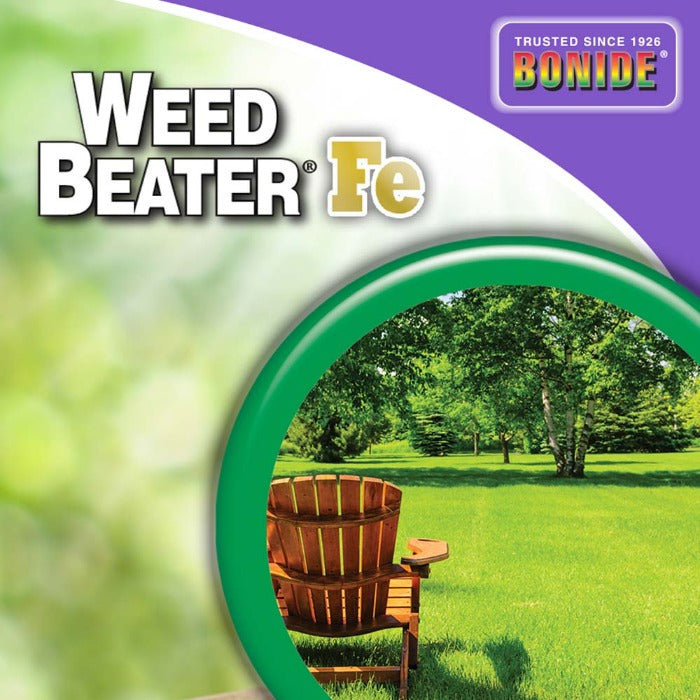 Ready-to-use weed killer; lush green lawn scene with wooden chair
