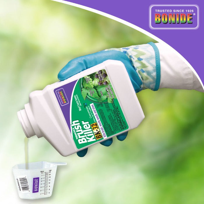 Concentrated brush killer being poured into a measuring cup, ready for garden use.
